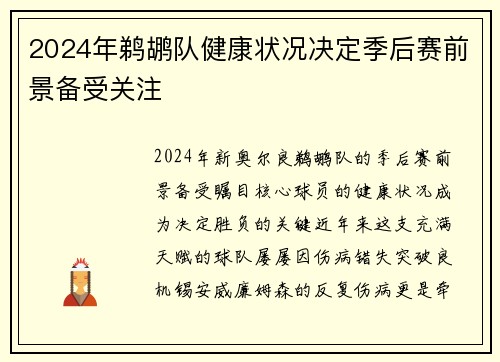 2024年鹈鹕队健康状况决定季后赛前景备受关注
